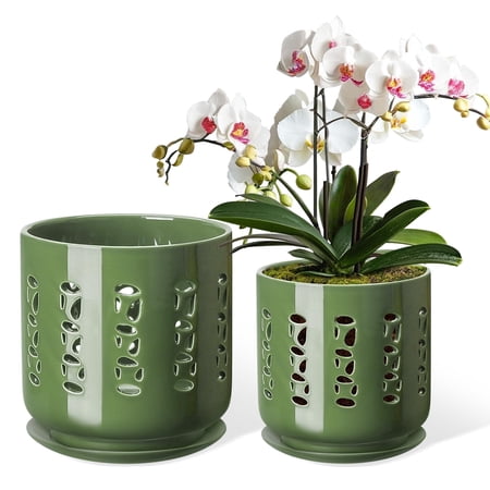 Orchid Pots with Holes, 5+6 Inch Ceramic Orchid Pot, Enhance Good Ventilation and Drainage, Flower Pots for Indoor/Outdoor Plants 2 Pack - Forest Green