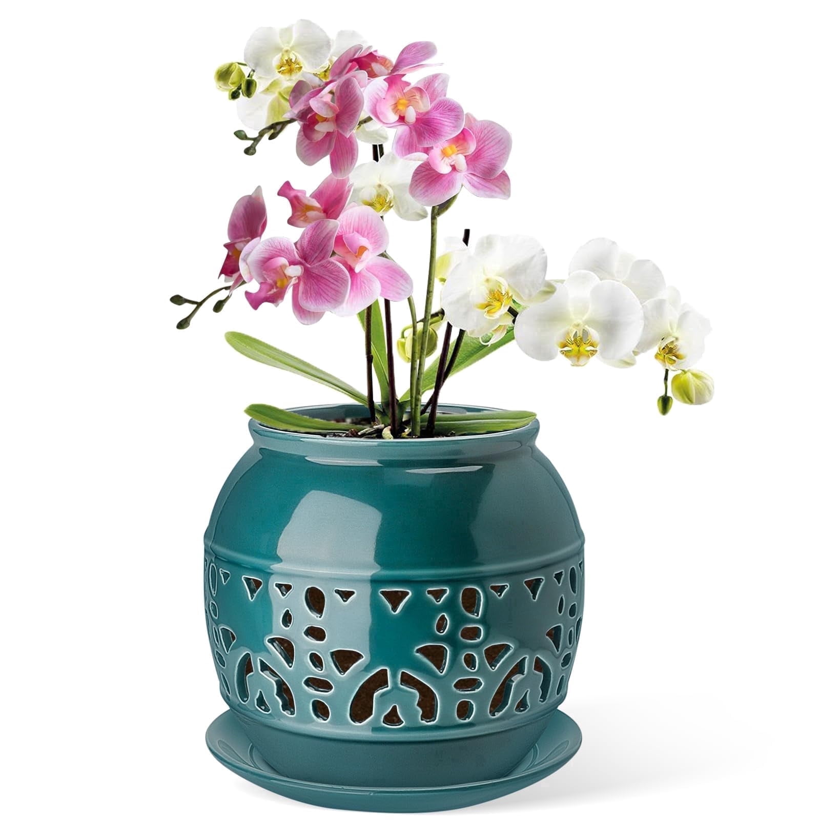 EFISPSSS 6 inch ceramic orchid pot with hole and tray -Peacock Blue