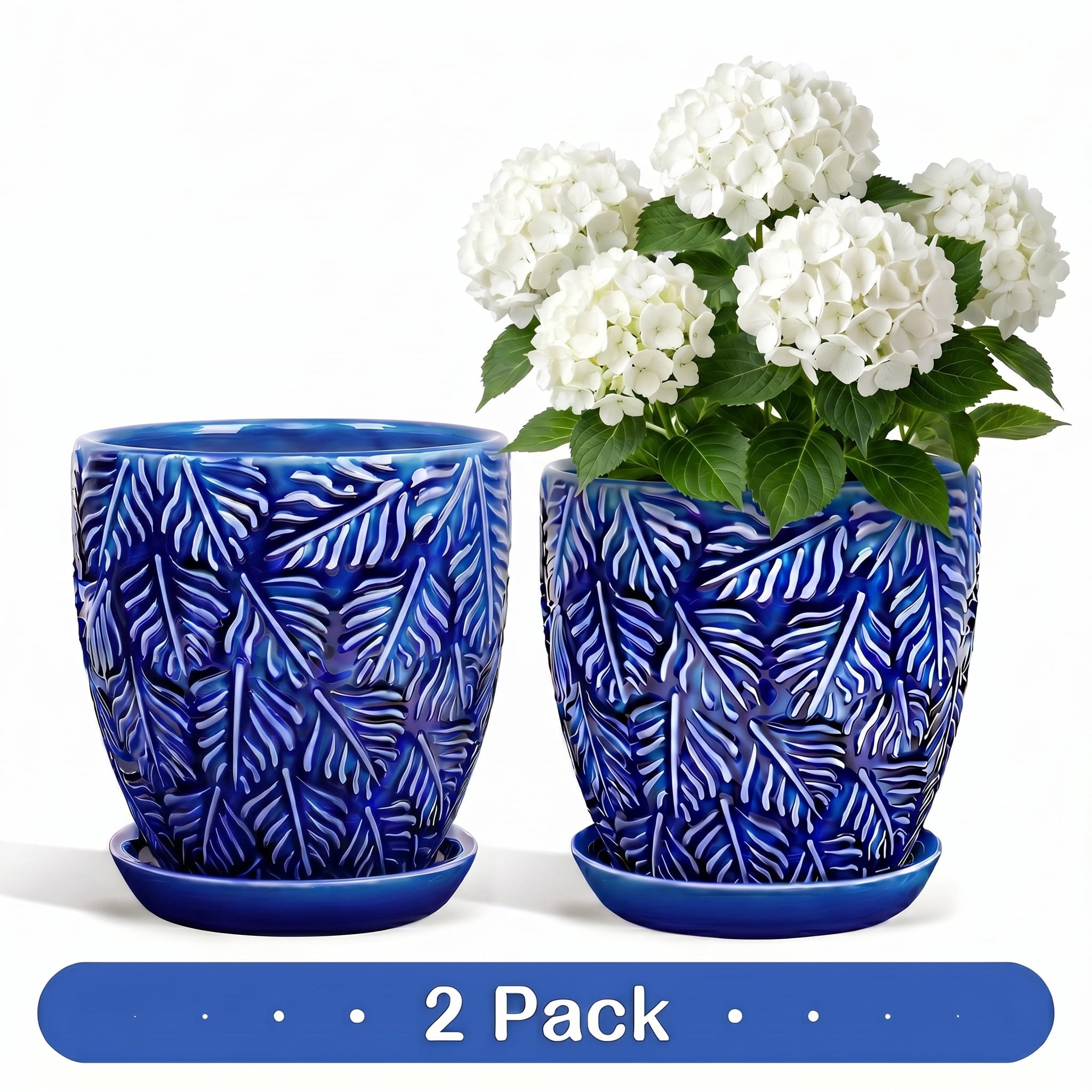 EFISPSS 6 inch Blue Ceramic Plant Pots with Drainage & Saucer, Natural Boho Crackle Glaze, Indoor/Outdoor Flower Planter, 3 Pack