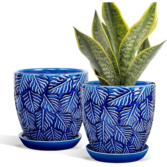 EFISPSS 6 inch Blue Crackle Glaze Ceramic Pots, Set of 2 Elegant Coastal Flower Planters with Drainage & Saucers