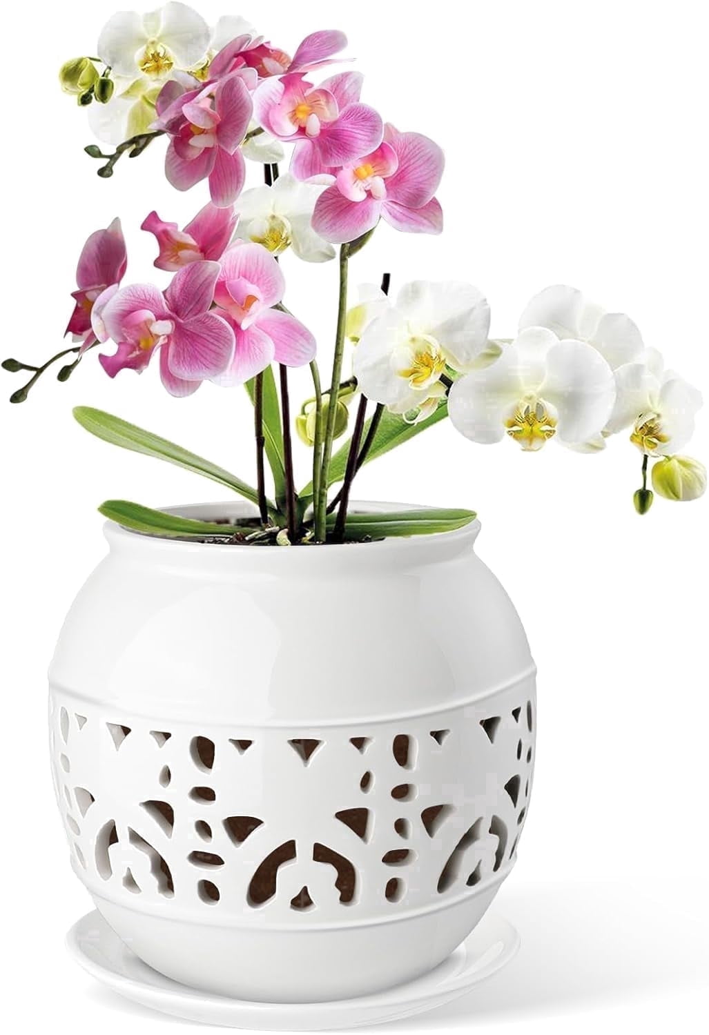 EFISPSSS 6 inch ceramic orchid pot with hole and tray -Peacock White