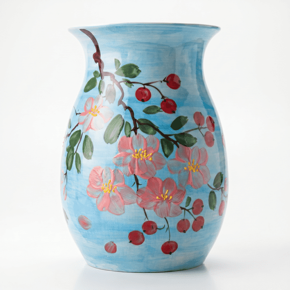 EFISPSS 8 inch Glossy Ceramic Vase, Hand-painted Pink Flower with Berries, Blue Red Contrast Botanical Vase