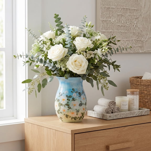 EFISPSS 8 inch Glossy Ceramic Vase, Hand-painted Eucalyptus and Daisy, Farmhouse Chic Blue Wall Decor