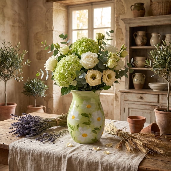 EFISPSS Glossy Ceramic Vase, Hand-painted White Daisy Floral, Green Spring Garden Tabletop Vase