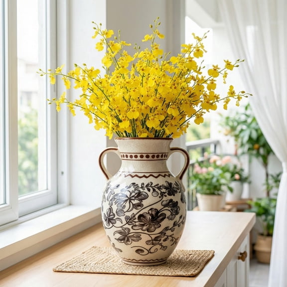 EFISPSS Ceramic Gray decorative vaseVintage Two-Handle Vase for Flower Arrangements, Table Centerpiece