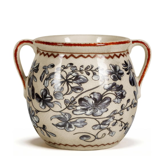EFISPSS Elegant Hand-Painted Ceramic Flower Vase, Cream with Grey Floral Design and Reddish-Brown Rim, Decorative Table Centerpiece for Living Room, Office, Home Decor