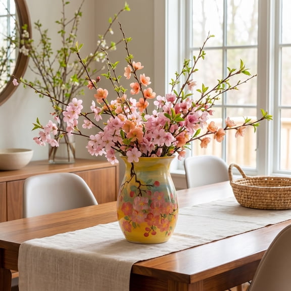 EFISPSS Glossy Ceramic Vase, Hand-painted Spring Blossom Branch, Yellow Gradient Vintage Home Decor