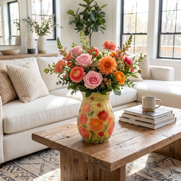 EFISPSS 8 inch Glossy Ceramic Vase, Hand-painted Coral Rose & Wildflower, Home Decor for Dining Table