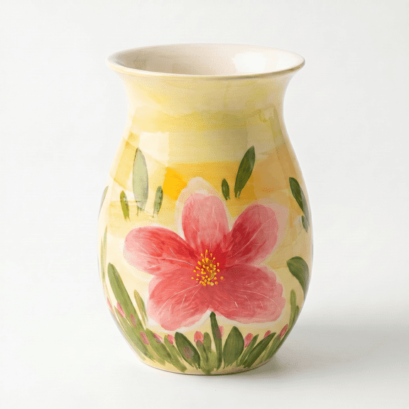 EFISPSS 8 inch Glossy Ceramic Vase, Hand-painted Single Peony Floral, Minimalist Yellow Cottage Decor