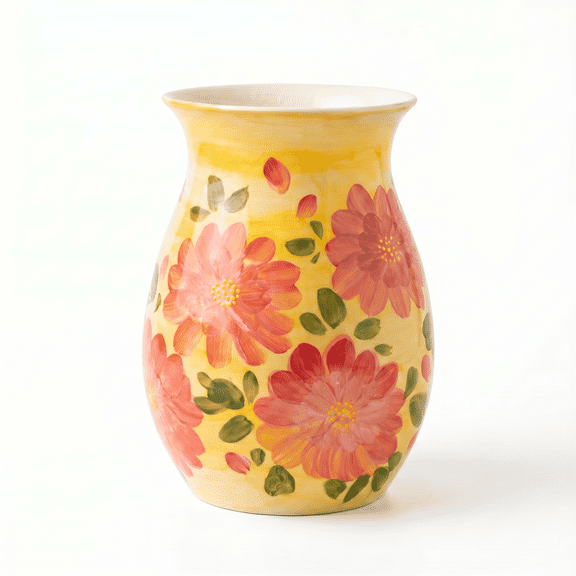 EFISPSS 8 inch Glossy Ceramic Vase, Hand-painted Pink Dahlia on Yellow, Bright Summer Floral Centerpiece
