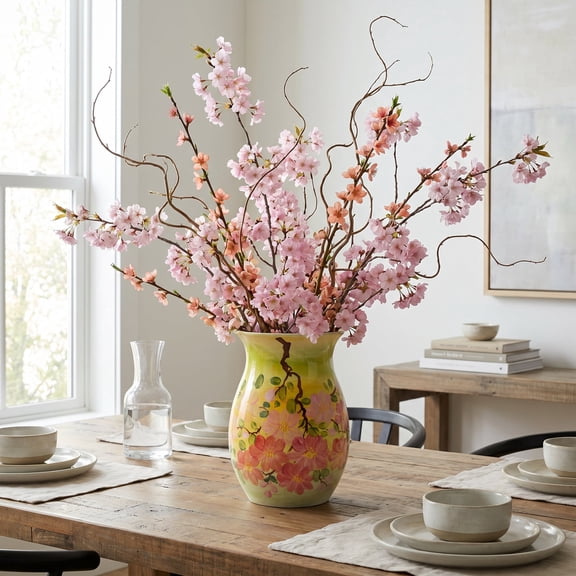 EFISPSS 8 Inch Pink Blossom Branch Ceramic Flower Vase, Vintage Hand Painted Vase for Kitchen Shelf, Living Room Decor