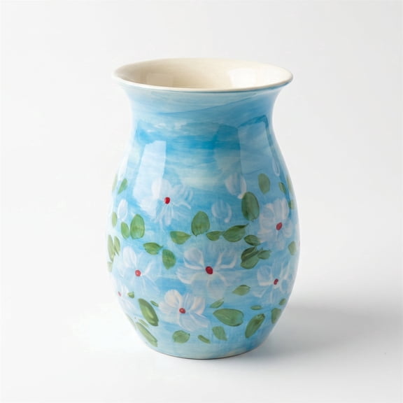 EFISPSS 8 inch Glossy Ceramic Vase, Hand-painted White Floral Red Center, Blue Green Cottage Decor