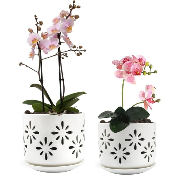 EFISPSS 5 6Inch Ceramic Plant Pots with Drainage Holes and Tray, Promoting Air Circulation and Drainage, Indoor/Outdoor White Flower ,  Modern Airflow Pot for Orchid Pot with Holes