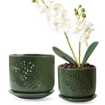 thumbnail image 1 of Green Palm Leaf Ceramic Orchid Pot Set, 5 & 6 Inch Breathable Planters with Holes for Repotting, Decorative Tropical Style Flower Pot with Tray for Indoor Plants, 1 of 5