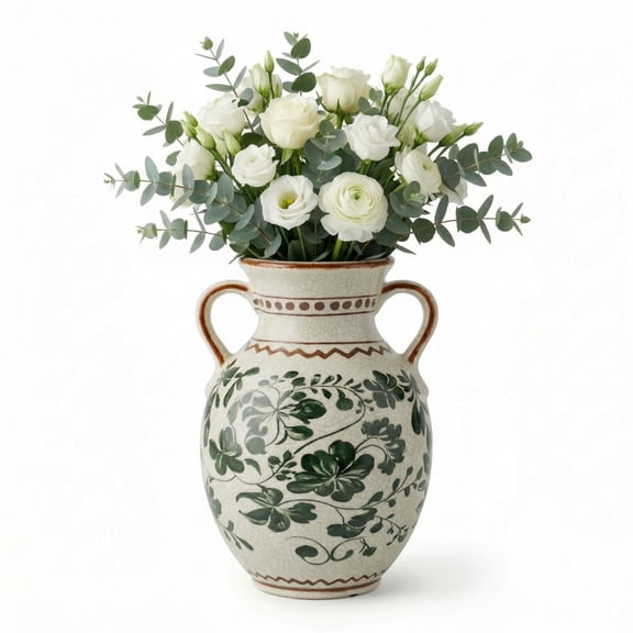 EFISPSS Ceramic Green decorative vaseVintage Two-Handle Vase for Flower Arrangements, Table Centerpiece