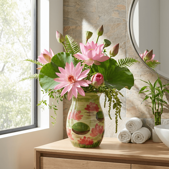 EFISPSS Glossy Ceramic Vase, Hand-painted Pink Lotus Leaf, Oriental Watercolor Zen Decor