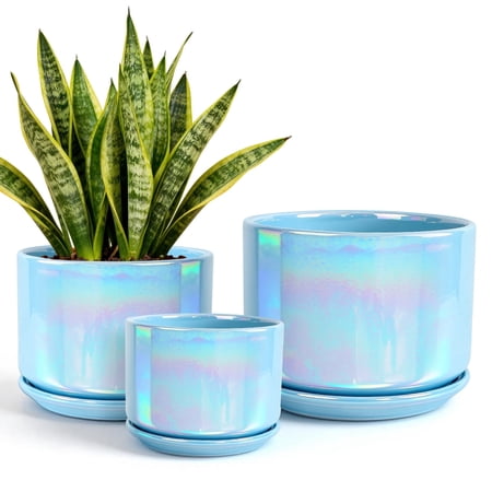 BUYMAX Plant Pots, 4+5+6 Inch Pots for Indoor Plants,Ceramic Planter Pot with Drainage Hole,Flower Pots for Succulent Cactus,Set of 3 - Rainbow Pearl Glaze Blue