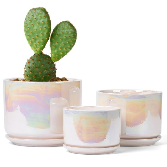 BUYMAX Plant Pots, 4 5 6 Inch Pots for Indoor Plants,Ceramic Planter Pot with Drainage Hole,Flower Pots for Succulent Cactus,Set of 3 - Rainbow Pearl Glaze