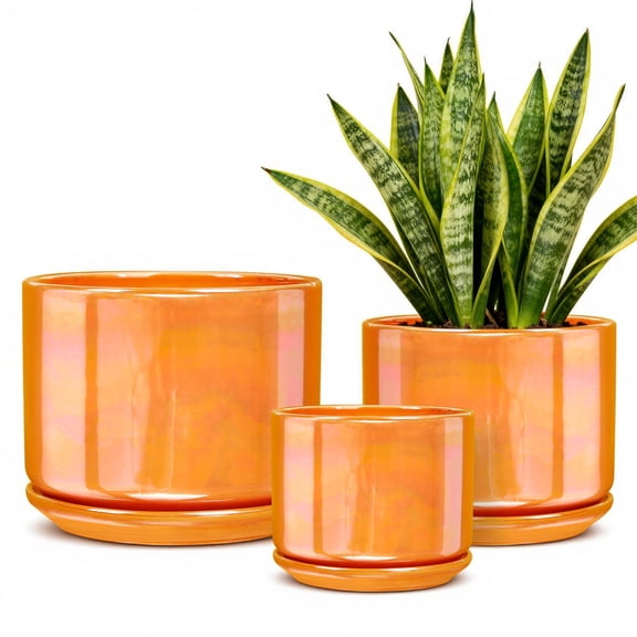 BUYMAX Plant Pots, 4 5 6 inch Pots for Indoor Plants,Ceramic Planter Pot with Drainage Hole,Flower Pots for Succulent Cactus,Set of 3 - Rainbow Pearl Glaze Orange