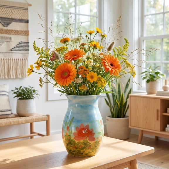 EFISPSS 8 inch Glossy Ceramic Vase, Hand-painted Red Waterlily Pond, Blue Gradient Asian Inspired Decor