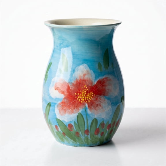EFISPSS 8 inch Glossy Ceramic Vase, Hand-painted Red Poppy Flower, Bold Blue Red Artistic Statement Piece