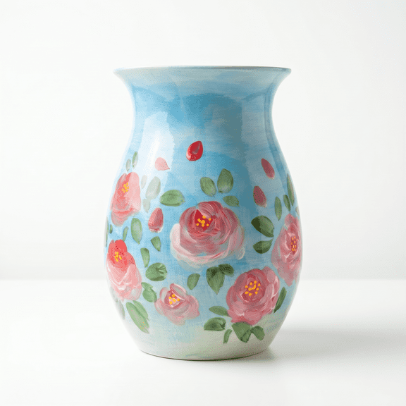 EFISPSS 8 inch Glossy Ceramic Vase, Hand-painted Pink Rose on Blue, Classic Floral Shabby Chic Decor