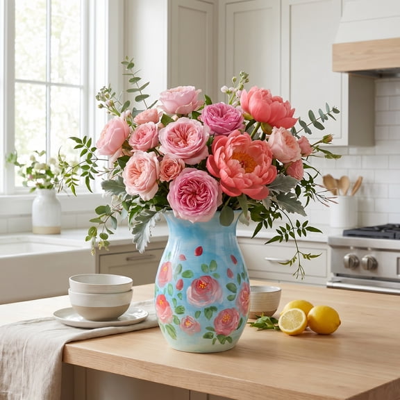 EFISPSS Glossy Ceramic Vase, Hand-painted Pink Rose on Blue, Classic Floral Shabby Chic Decor