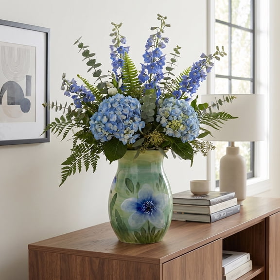 EFISPSS Glossy Ceramic Vase, Hand-painted Blue Anemone Flower, Green Gradient Nature Inspired Pot