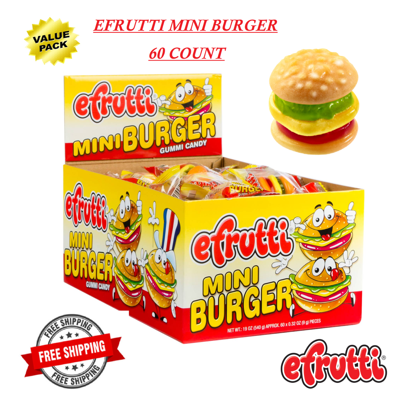 Efrutti Mini Burger Gummi Candy 60 Pieces Fat Free Nut Free