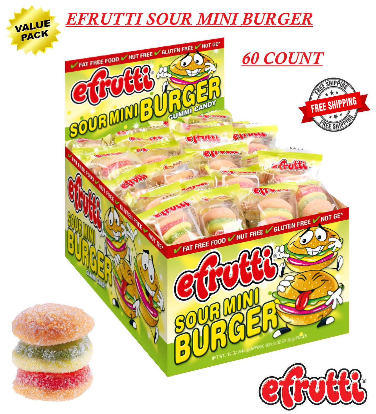 EFRUTTI Sour Mini Burger, Gummi Candy, .32Ounce, (Box of 60 Count