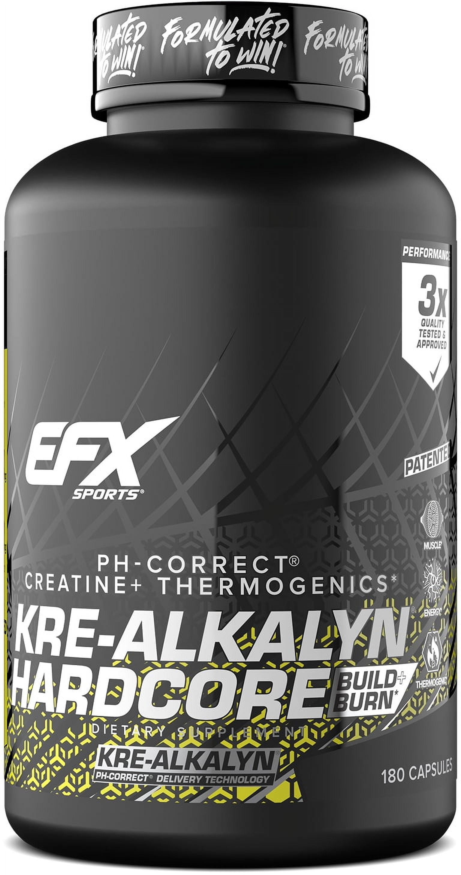 EFX Sports Kre-Alkalyn Hardcore , Thermogenic pH Correct Creatine Monohydrate Pill Supplement , Energy & Strength Pre Workout , 60 Servings, 180 Capsules 180 Count (Pack of 1)