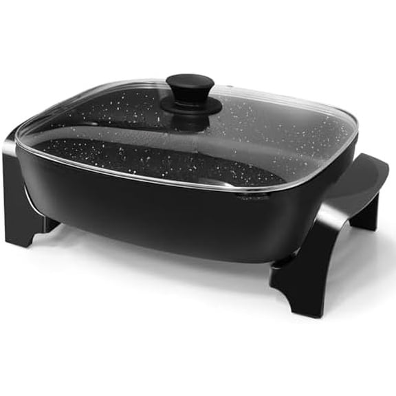 EG-6203# Extra Deep 16"x13"x3.2" (10.5Qt.) Scratch Resistant, Easy Pour Spout Dishwasher Safe, Non-stick Electric Skillet with Glass Vented Lid, Adjustable Temperature, Black