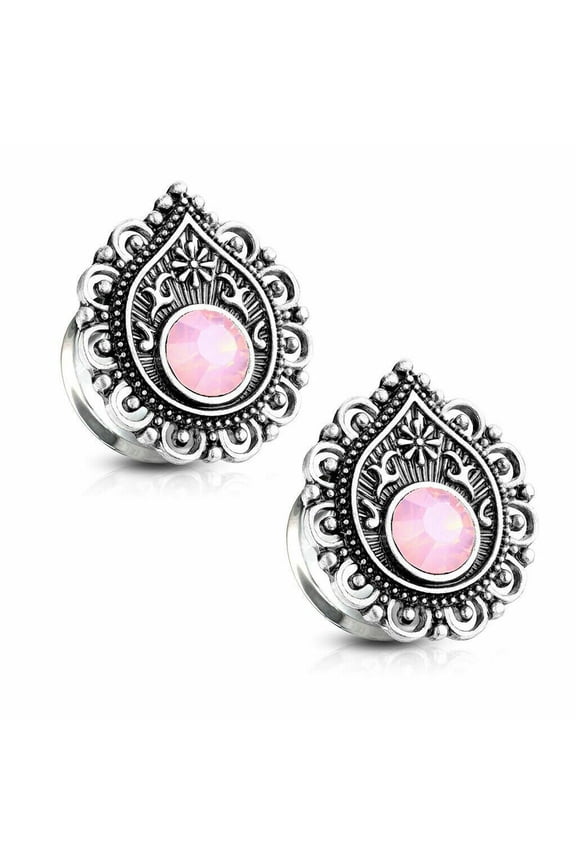 EG Gifts Pink Opalite Double Flared Tunnels Stone Centered Tear Drop Filigree- 2 Pair Set