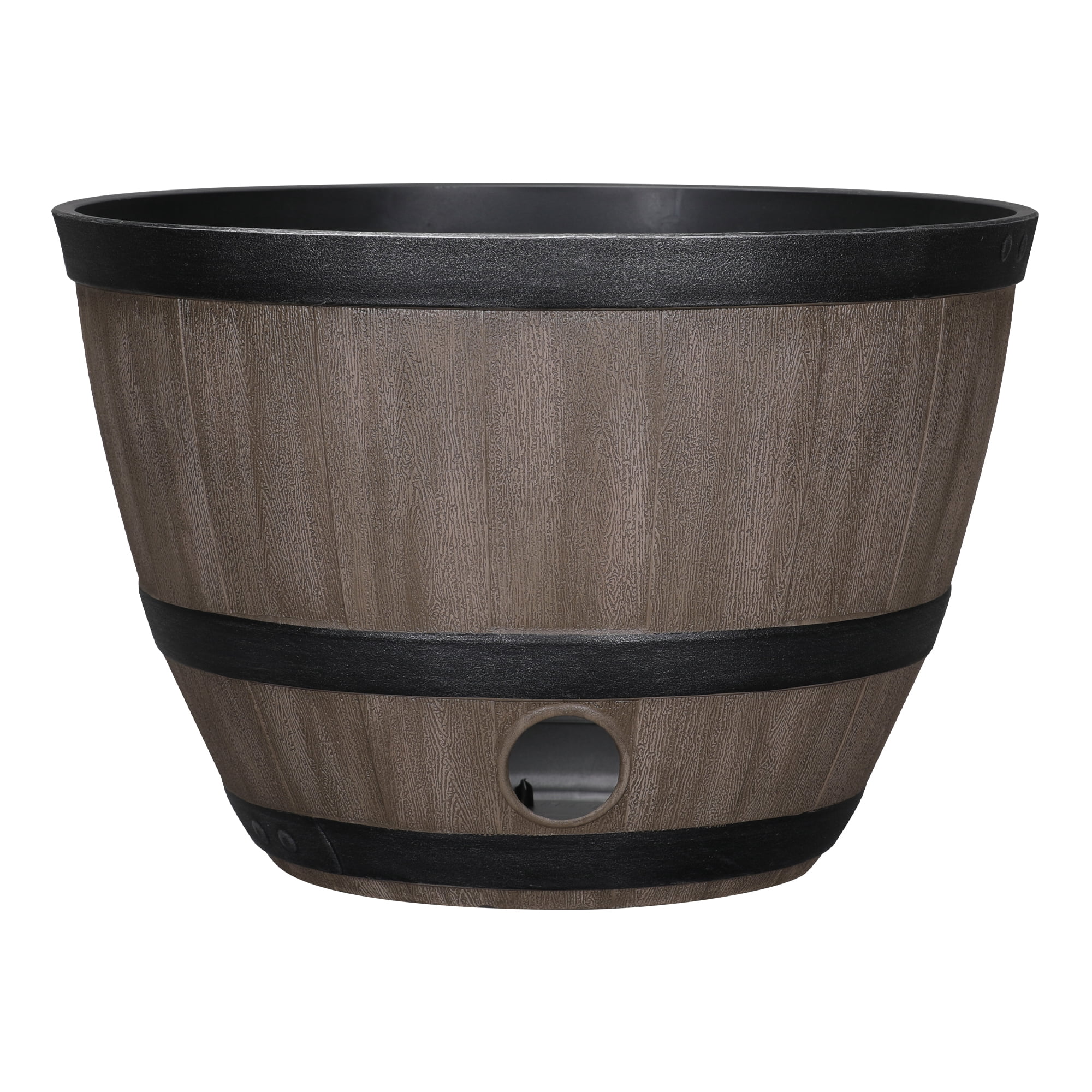 Expert Gardener Texas Whiskey Barrel Walnut Brown 100% Recycled Resin Hose Pot, 18 in x 18 in x 12 in, Removable Drainage Plug