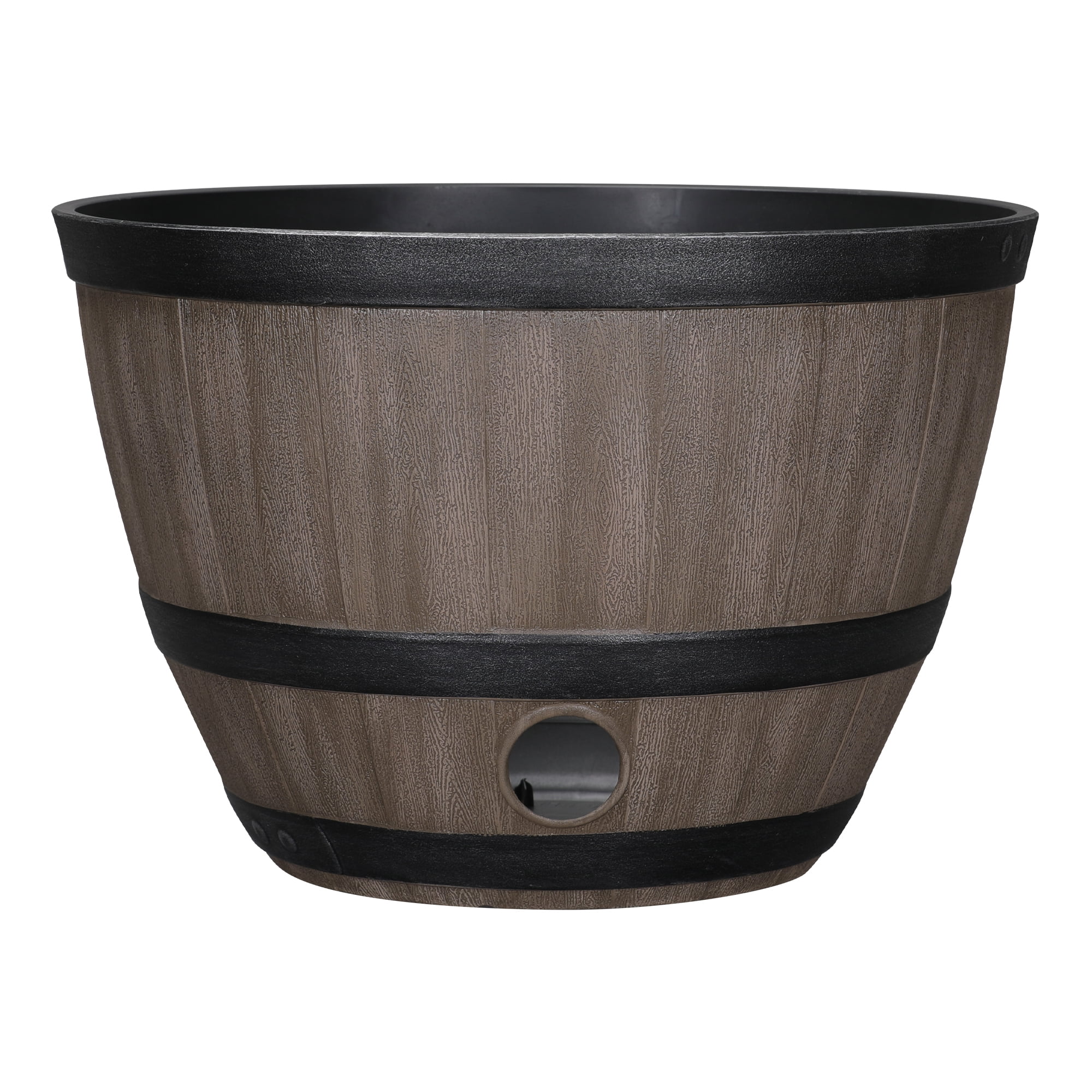 Expert Gardener 18" × 18" × 12" Whiskey Barrel Walnut Brown 100% Recycled Resin Hose Pot with Removable Drainage Plug