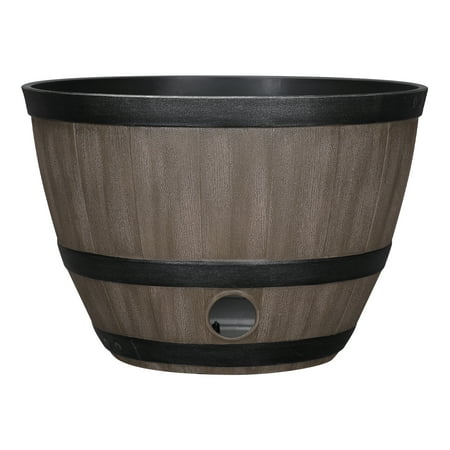 Expert Gardener 18" × 18" × 12" Whiskey Barrel Walnut Brown 100% Recycled Resin Hose Pot with Removable Drainage Plug