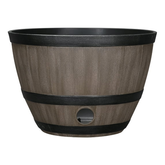 Expert Gardener 18" × 18" × 12" Whiskey Barrel Walnut Brown 100% Recycled Resin Hose Pot with Removable Drainage Plug