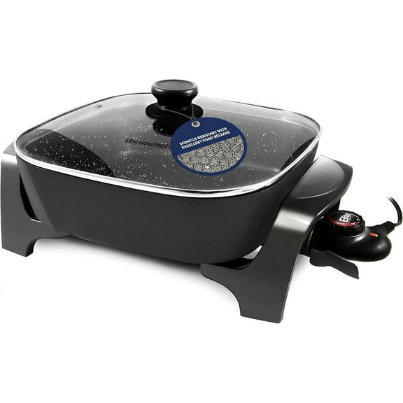 EG6201 Extra Deep 12"x12"x3.2" (7.5Qt.) Scratch Resistant Dishwasher Safe, Non-stick Electric Skillet with Glass Vented Lid, Adjustable Temperature, Black