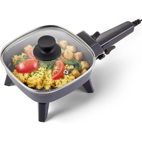 EG6207# Scratch Resistant 10.5-inch (2Qt) Fry Pan, Easy-Pour Spout Dishwasher Safe, Non-stick Electric Skillet with Vented Glass Lid, Adjustable Temperature, Black