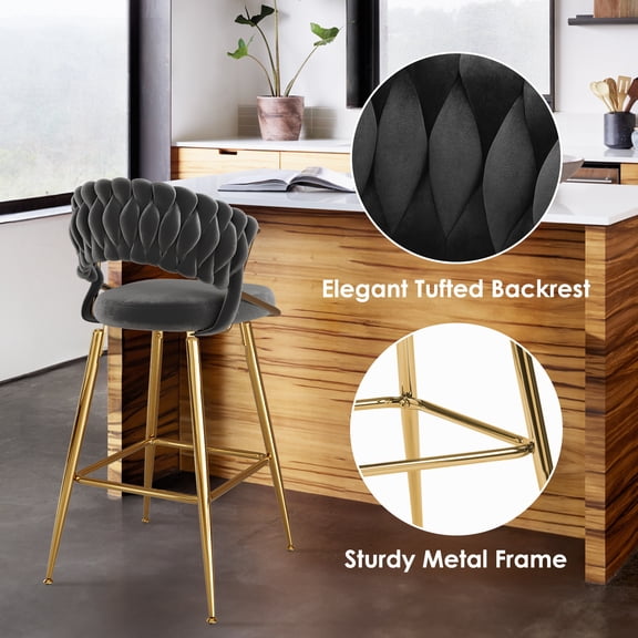 EGBHDSFT 25.2 Velvet Counter Stool - Gold Accents, Ergonomic Design & Plush Seat