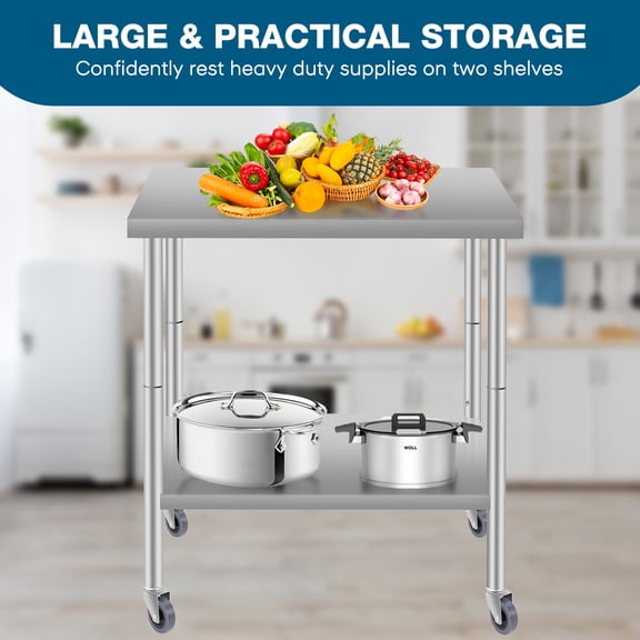 EGBHDSFT 30" x 24" Stainless Steel Kitchen Prep Table with Wheels - Silver Finish, Restaurant or Home Use