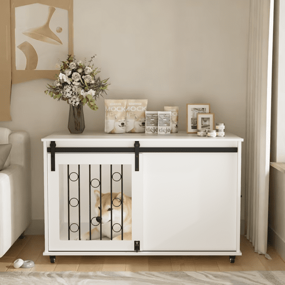 EGBHDSFT 39.37'' Modern Wooden Dog Crate Furniture White