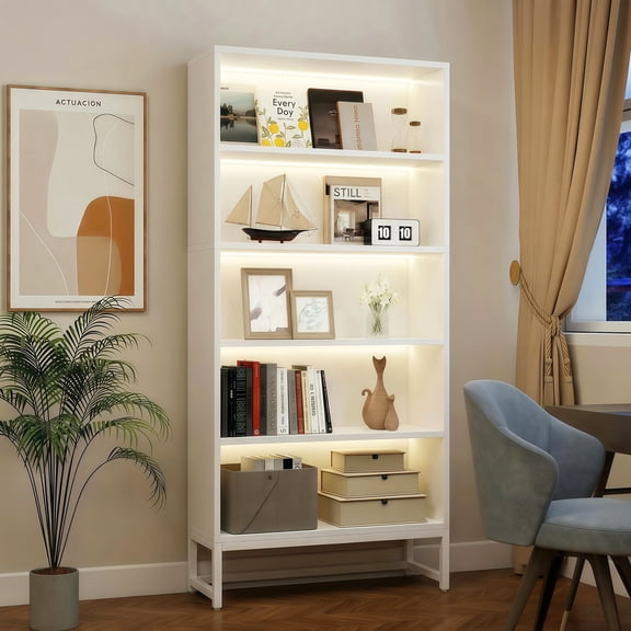 Dokea 5-Tier Tall Bookcase with LED Lights, White Freestanding Shelf