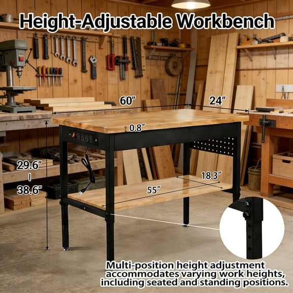 EGBHDSFT 60"x24" Adjustable Workbench - Heavy Duty, Hardwood, 6 Levels, Power Outlet
