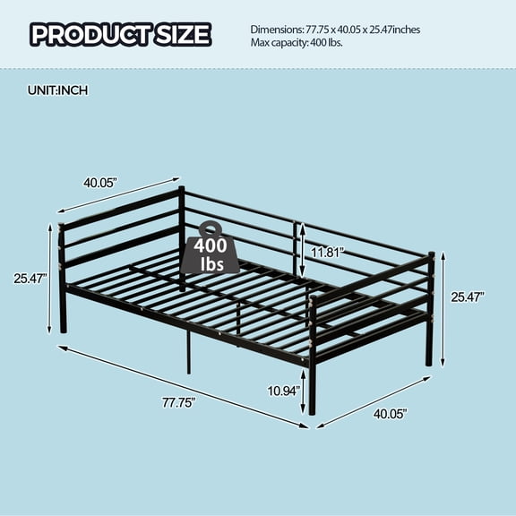 EGBHDSFT Childrens Loft Bed  Black Surround Sofa Metal Bed  11.8 Guardrail