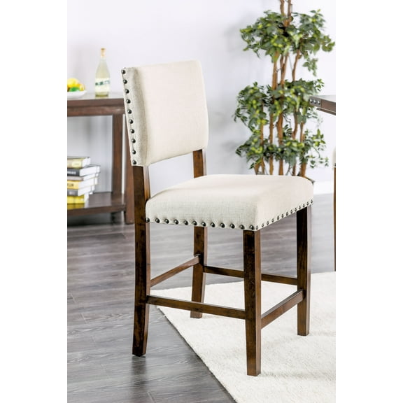 EGBHDSFT Ivory Padded Dining High Chairs, 2pc Set, Brown Cherry, Nailhead Trim