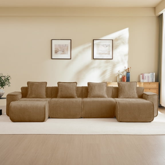 EGBHDSFT Velvet Brown 4 Seat U Shape Sectional Sofa with Ottomans