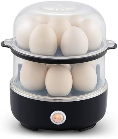 EGC1215B Easy Egg Cooker, Stainless-steel Heating Plate, Two-Tiered, 14-Egg Capacity, Soft, Medium, Hard-Boiled, Auto Shut-Off, Omelets, Poached Eggs, Measuring Cup, Piercing Pin, Black