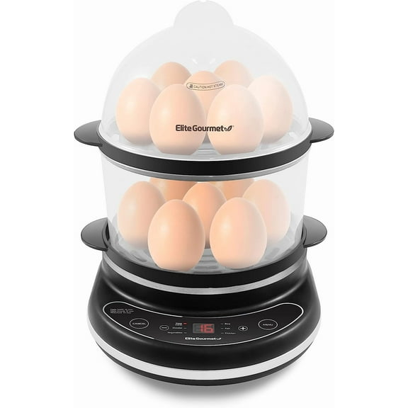EGC314CB Digital Easy Egg Cooker Food Steamer, Poacher, Omelet, Soft, Medium, Hard-Boiled Egg with 6 Programmed Preset Functions, 2-Tiers, Measuring Cup, 14 egg capacity, Black