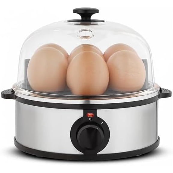 EGC724SS Easy Electric Poacher, Omelet Eggs & Soft, Medium, Hard-Boiled Egg Boiler Cooker with Auto Shut-Off and Buzzer, Measuring Cup Included, BPA Free, 7, Stainless Steel